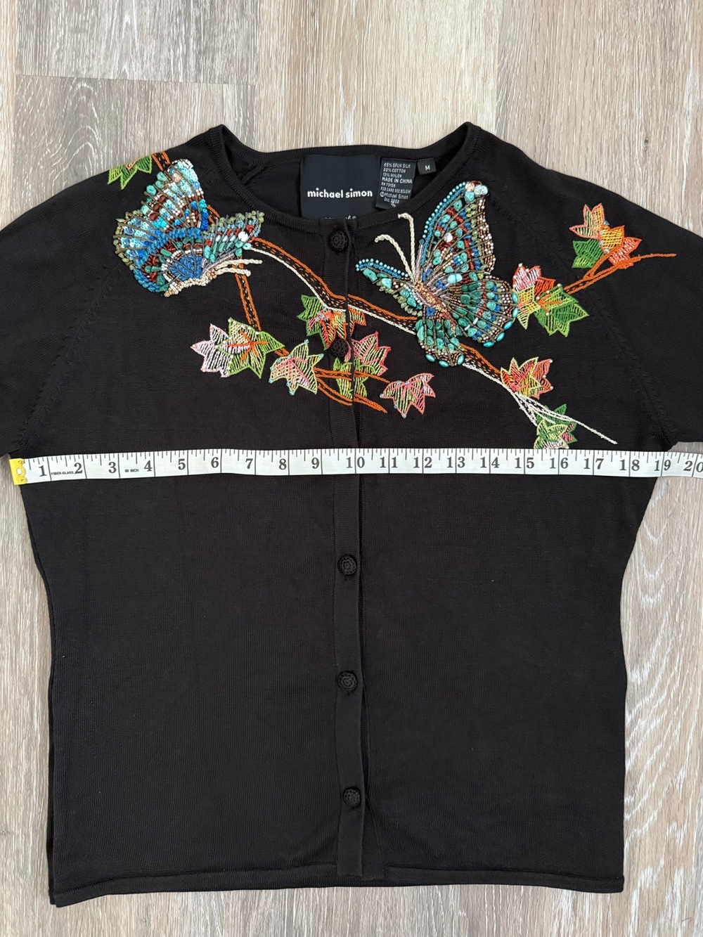 Vintage Michael Simon Black Cardigan w/ Multicolor Beaded Butterflies Size M - Picture 4 of 6